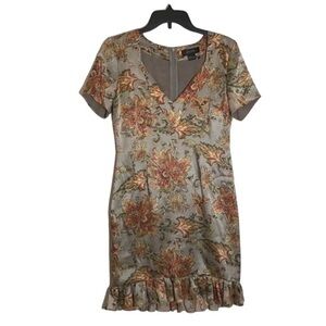 KOPA 100% Silk Italian Designed Silver Satiny Floral Midi Dress w Ruffle Sz:S